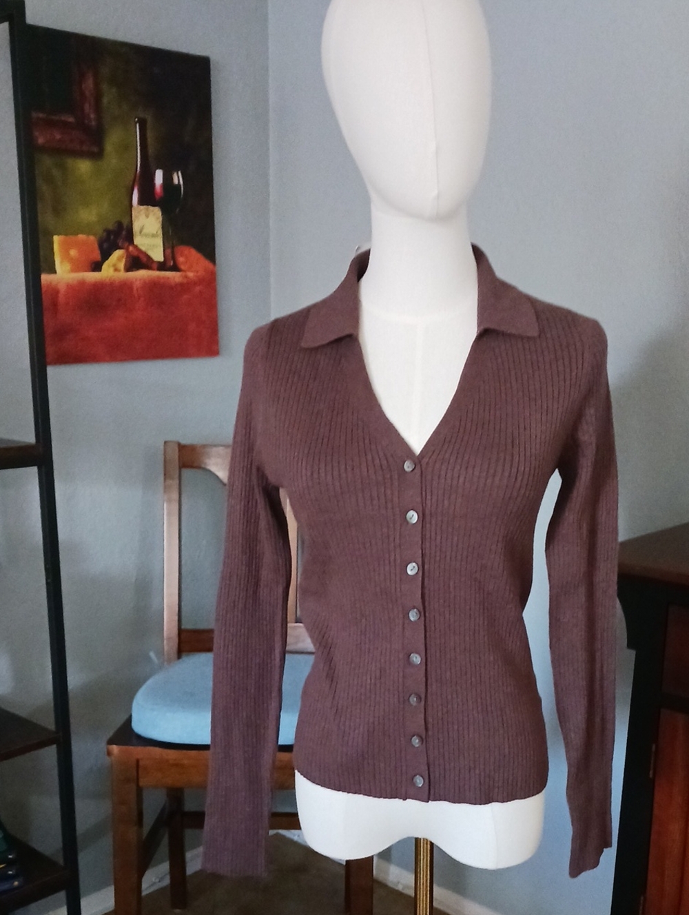 a new day- Brown Ribbed Button-Front Collared Cardigan